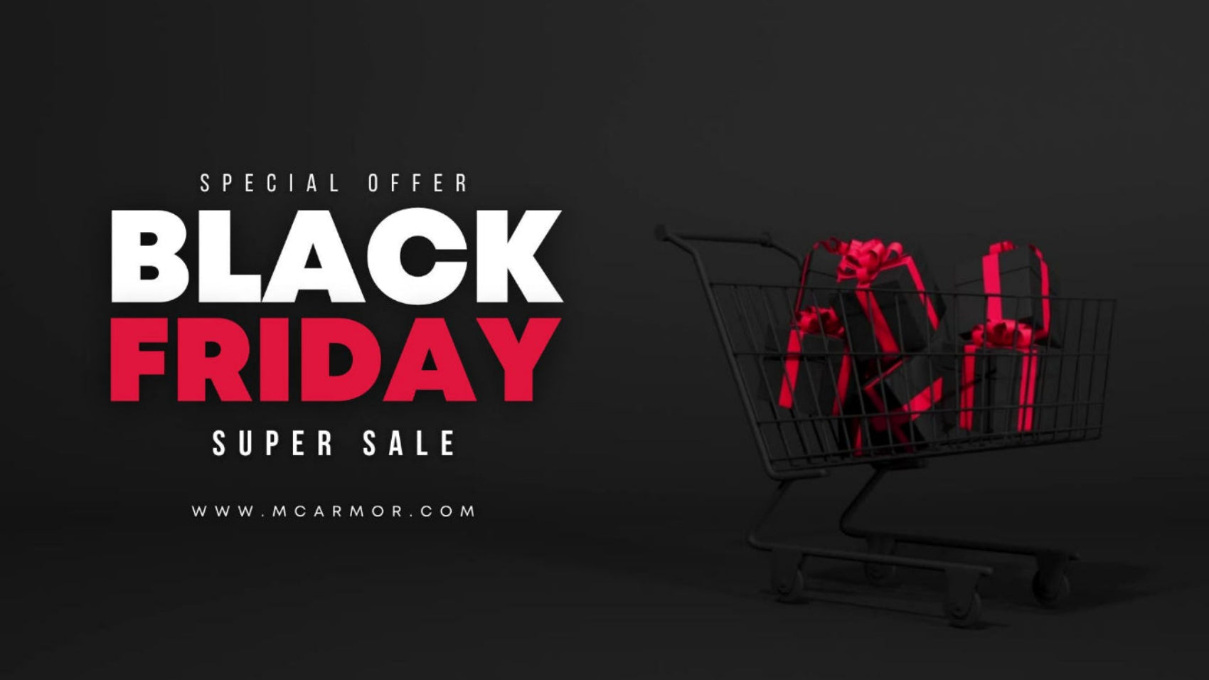 Black Friday sale advertisement with a shopping cart and red items on a black background